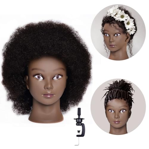Rruaneal Afro Hair Mannequin Head With 100% Human Hair Curly Cosmetology Doll Head Stand for Display Hairdresser Practice Braiding Styling Training head mannequin(2# Black 10Inch)