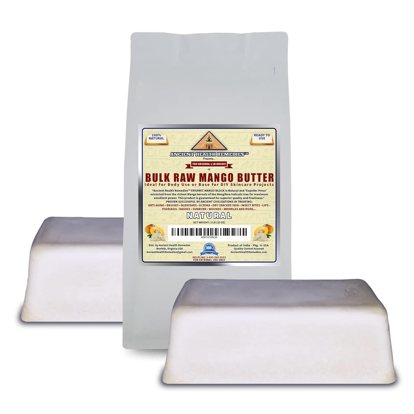 ANCIENT HEALTH REMEDIES Organic Unrefined Raw MANGO BUTTER JAR/BLOCKS Bulk, Light Mango Aroma, Non-Greasy Base for Beauty, Skin Moisturizing, DIY Base for Body Butter & Hand Creams (2 LB)