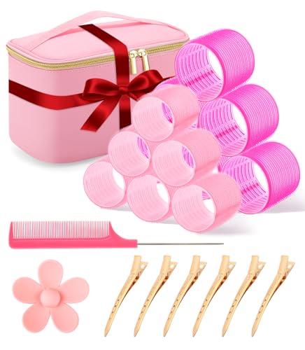 Hair Rollers - Awesome Makeup Carrying Case - Jumbo,Large Rollers Hair Curlers Set for Volume, Long Hair - Self Grip,No Heat Design for Blowout Look,Curly Hair - Womens Day Gifts for Her - Pink