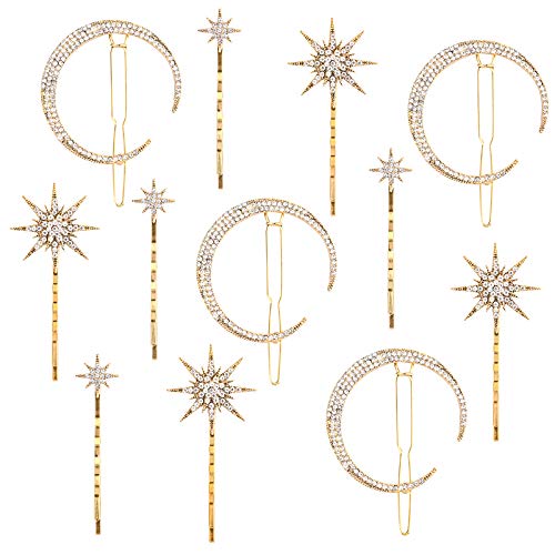 Hedume 12 Pack Stars and Moon Hair Clips, Vintage Rhinestone Hair Pin, Metal Alloy Diamond-studded Hair Accessories for Women Girls