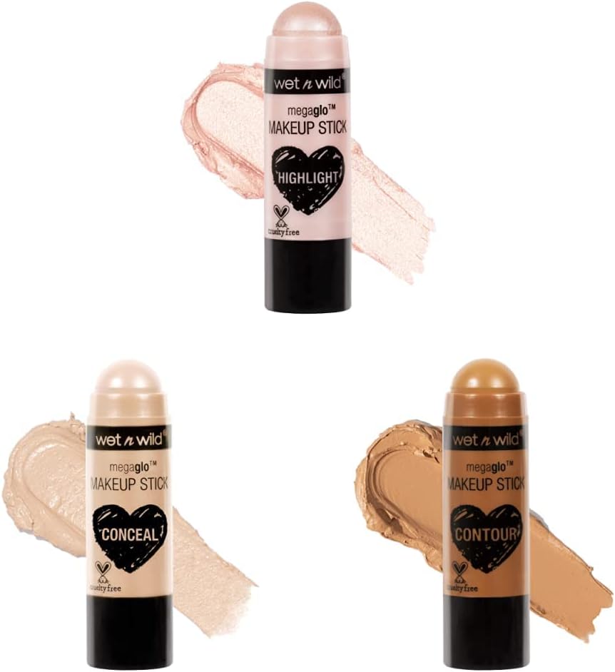 Wet n Wild MegaGlo Conceal & Contour Highlighter Stick & MegaGlo Makeup Stick Conceal and Contour Neutral Follow Your Bisque & MegaGlo Makeup Stick Conceal and Contour Brown Oak's On You