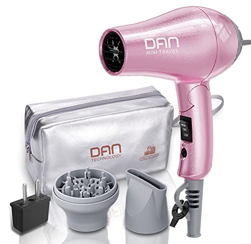 DAN Technology Travel Hair Dryer,Dual Voltage Hair Dryer,Mini Blow Dryer with Concentrator,Small Hair Dryer with Diffuser,European Hair Dryer with European Plug,Pink Blow Dryer for Women…