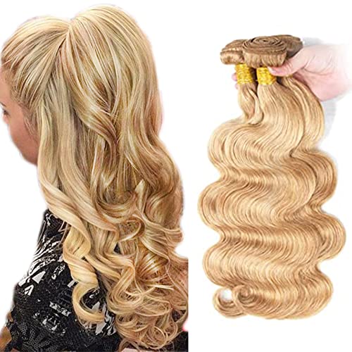 P27/613 Highlight Body Wave Human Hair Bundles Honey Blonde Human Hair Bundle For Women 100G/Bundles Ombre Hair Weave Bundles Double Weft Hair Weave Extensions 20 22 24 Inch