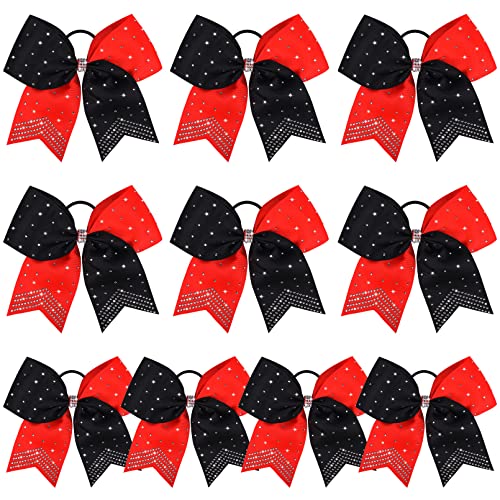 DEEKA 10 PCS Rhinestones Two Toned Large Cheer Hair Bows 7" Glitter Cheer Ponytail Holder Handmade for Teen Girls Softball Cheerleader Sports -Red/Black