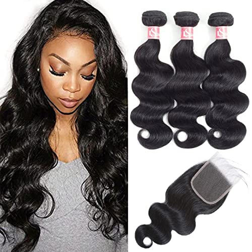 LS HAIR Body Wave Bundles with Closure Human Hair (14" 16" 18" with 12"Free Part) 100% Unprocessed Brazilian Virgin Human Hair 3 Bundles with 4X4 Lace Closure Natural Black