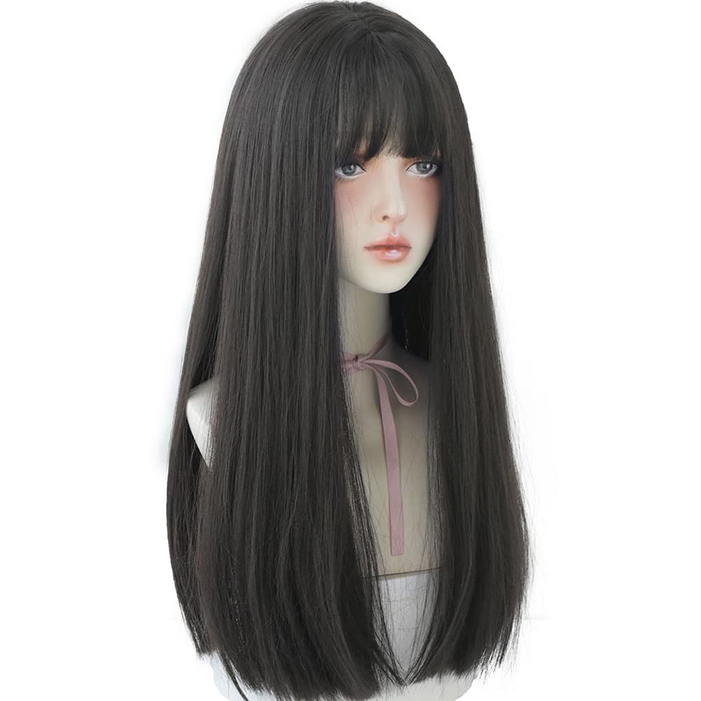 URCGTSA 22 Inches long Hair Wig for Women Black Synthetic Hair Natural Long Straight Wig With Bangs Party Cosplay Wig for Girl (Black brown)