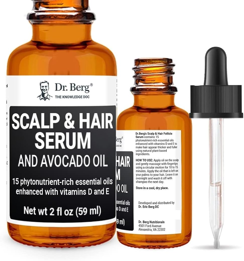 Dr Berg's (All In One) Hair Growth Serum w/ Jojoba Oil & Castor Oil For Fuller Thicker Hair | Contains 13 Plant-Based All Natural Hair Growth Oils | Added Vitamin E & D for Enhancement | 2 fl oz