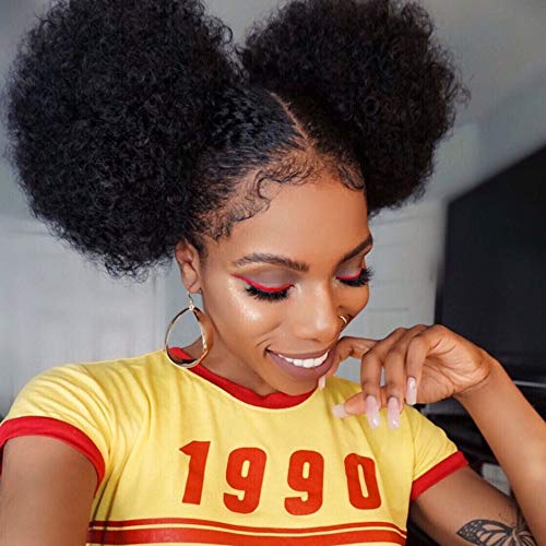 YMHPRIDE 2Pcs Afro Puff Drawstring Ponytail Hair Extension Synthetic Fluffy Kinky Curly Bun Updo Hair Pieces Donut Chignon Hairpieces Extensions(1B#)