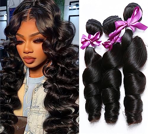 Loose Wave Bundles Virgin Hair Brazilian Human Hair Loose Wave 3 Bundles 14 16 18 inch 100% Unprocessed Real Human Hair Weave Extension Double Weft Human Hair Bundles for Black Women Natural Color