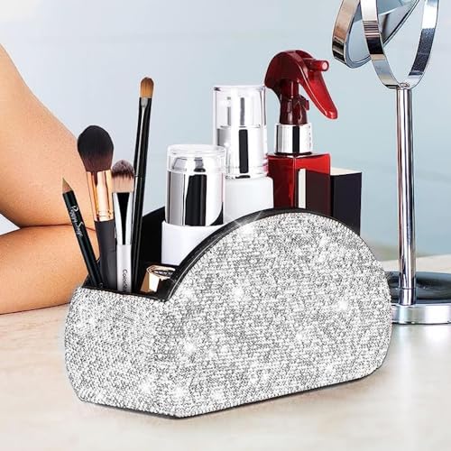 BOTIDE desktop crystal bling organizer,crystal makeup brush holder,crystal makeup brush holder organizer bling rhinestone,bling office accessories(Purely Handmade) (white)