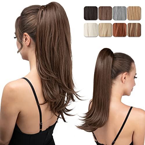youngways Clip in Ponytail Extension Medium Brown 18 Inch Pony Tails Hair Extensions for Women Long Straight Curly Tail Ponytail Hair piece Synthetic Fake Versatile Pony
