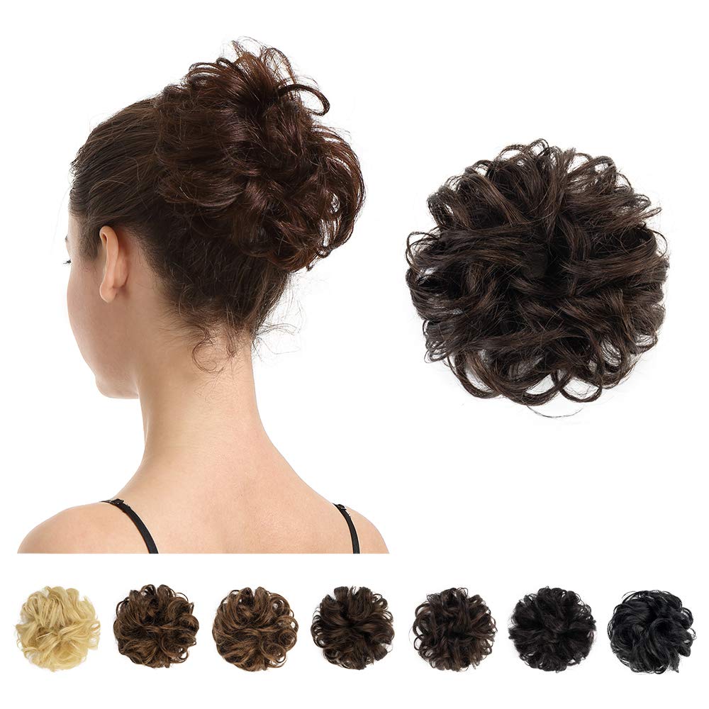 BARSDAR 100% Human Hair Bun, Brown Hair Messy Bun Extensions Human Hair Rose Bun Hair Piece Curly Hair Bun Hairpieces for Women Girls Real Hair Bun Natural Updo Tousled Chignons Daily (Dark brown)