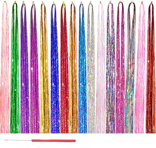AMchoice Hair Tinsel Kit with Tools 16 Colors 8000 Strands Fairy Hair Tinsel Heat Resistant Sparkling Shiny Tinsel Hair Extensions 48 Inch Colorful Hair Tinsel strands Kit