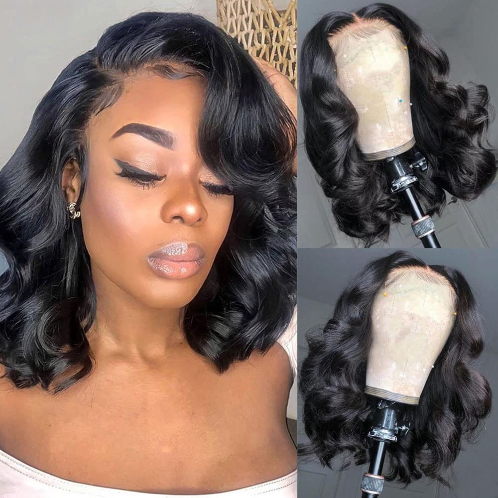 Jolanly Wavy Bob Wig Human Hair 13x4 Lace Front Wigs Human Hair Pre Plucked Glueless Wigs Human Hair For Black Women 12 Inch Short Bob Wigs Brazilian Body Loose Wave Wear and Go Human Hair Wig