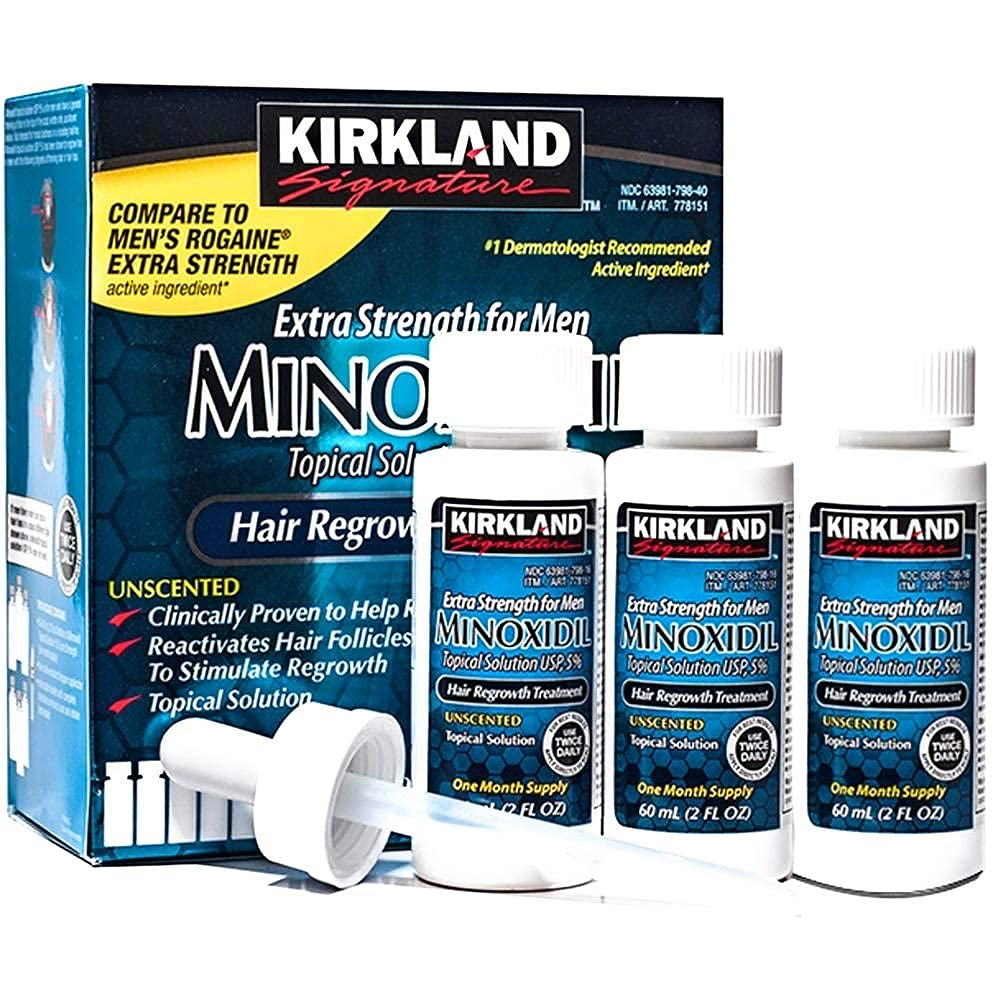 Kirkland Minoxidil 5% Topical Solution Extra Strength Hair Regrowth Treatment for Men Dropper Applicator Included (1 month to 24 month supplies available) (6 month supply), Clear