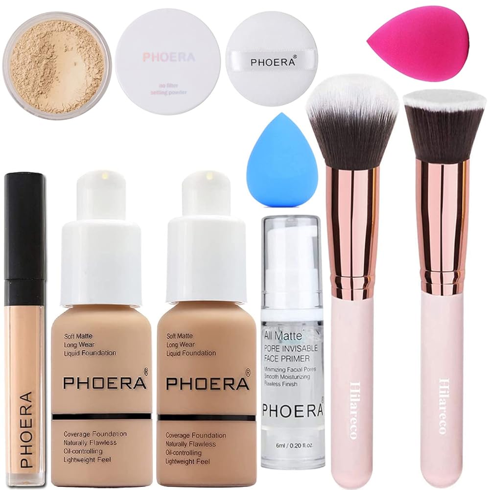 PHOERA Foundation,Full Coverage Foundation,PHOERA Primer,PHOERA Powder,PHOERA Concealer PHOERA Makeup Set, Kabuki Makeup Brushes Foundation Brush Powder,2 Makeup Sponge (104 Buff Beige + 105 Sand_