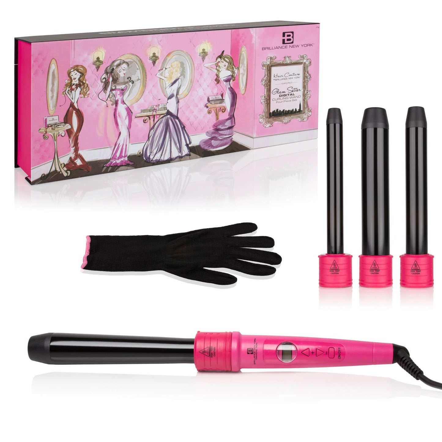 Brilliance New york Women's C4HP Digital Quad Barrel Curling Iron Diamond Dust Technology | Plus Free Heat Resistant Glove, Hot Pink