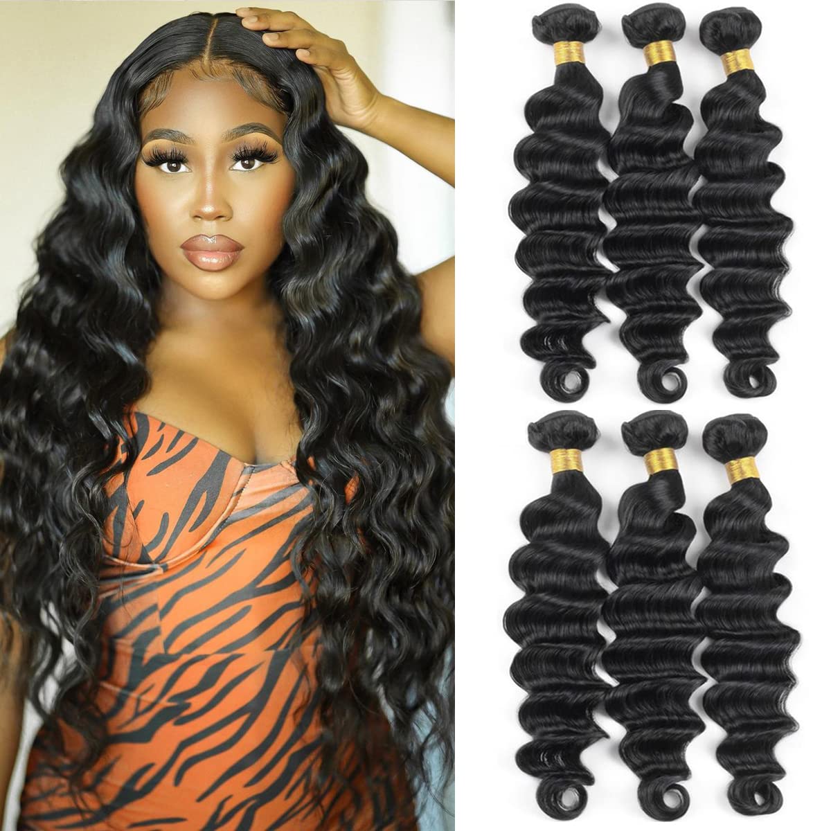 12A Loose Deep Wave Bundles Human Hair 3 Bundles Brazilian Virgin Hair Loose Deep Curly Human Hair Bundles 100% Unprocessed Human Hair Wavy Bundles Natural Color for Black Women(16 18 20 Inches)