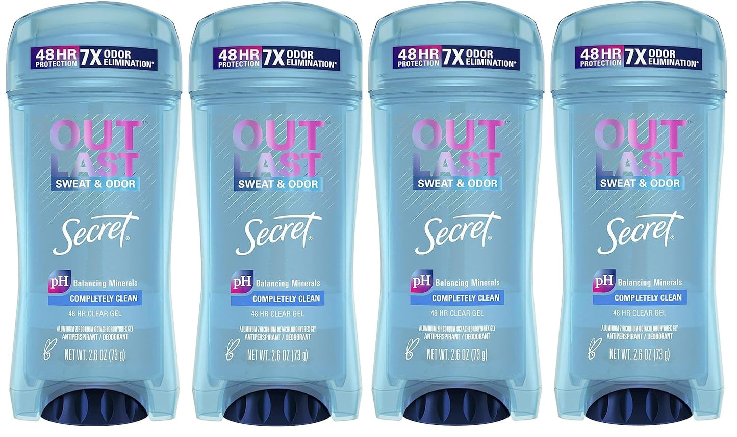 Secret Outlast Clear Gel Antiperspirant Deodorant for Women, Completely Clean, 2.6 oz (Pack of 4)