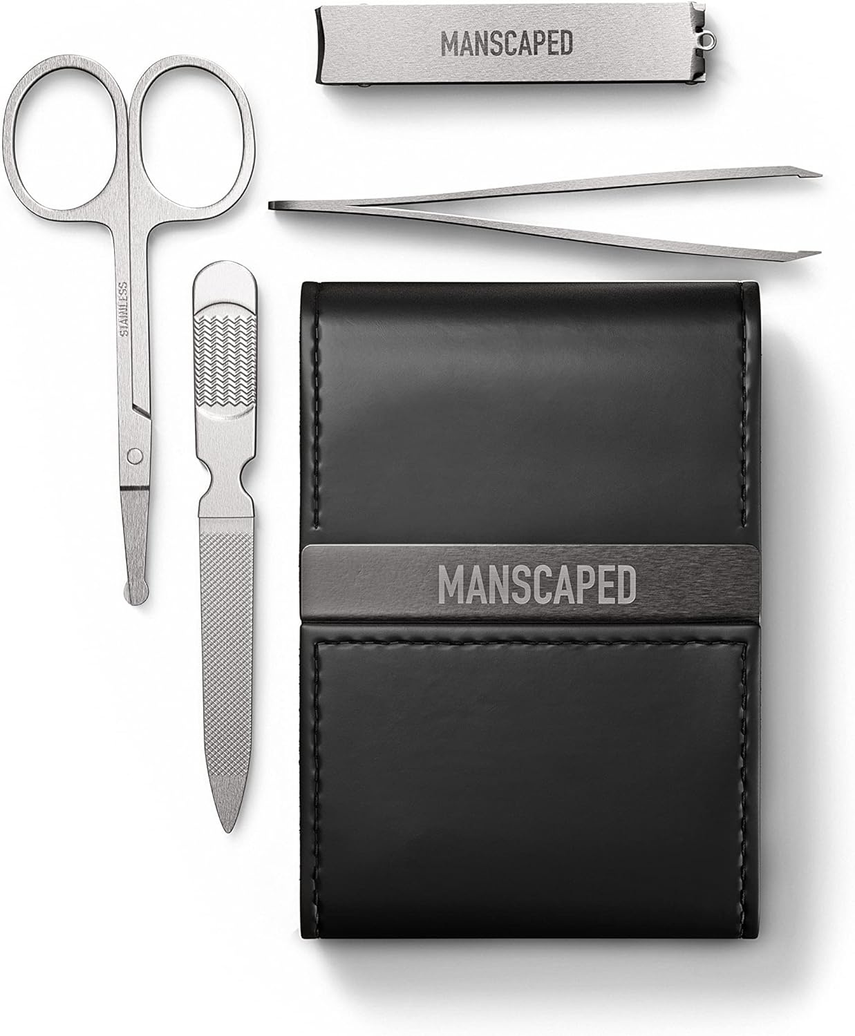 MANSCAPED¨ Shears 2.0 Tempered Stainless Steel Men's Nail Kit, Fingernail Clippers, Safety Scissors, Tweezers and Nail File, Travel Manicure Pedicure Set, 4-Piece Luxury Grooming Kit with Compact Case