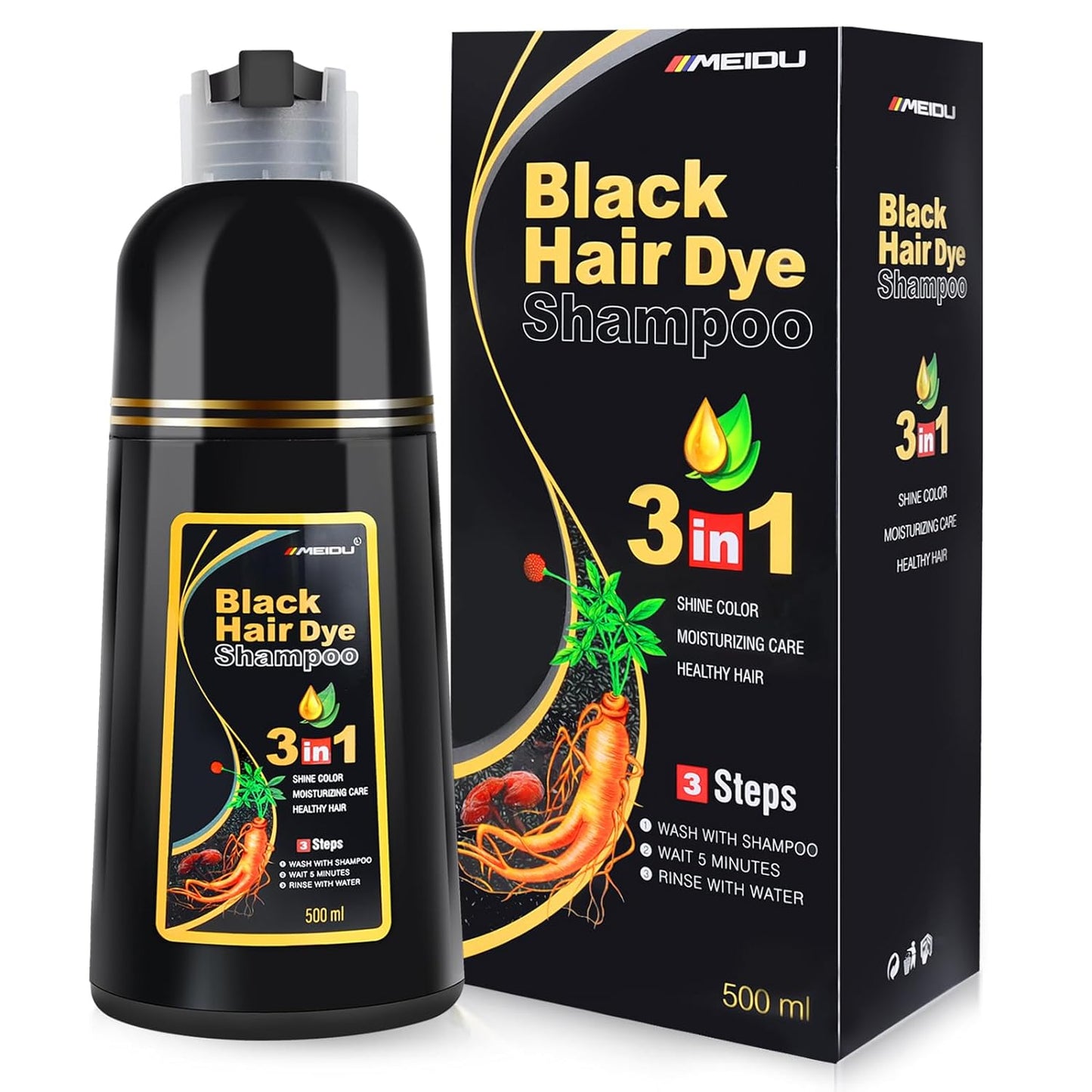 MEIDU Black Hair Dye Shampoo for Gray Hair, Semi-Permanent Hair Color Shampoo for Women and Men, Herbal Ingredients, Instant Hair Coloring Shampoo 100% Grey Hair Coverage (17.6 Fl oz)