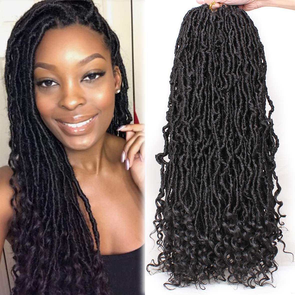 Leeven 24 Inch Goddess New Faux Locs Crochet Hair 7 Packs Long Soft Locs Crochet Braids Hair With Curly Ends Natural Black Synthetic Bohemian Locs Braiding Hair for Women 12 Strands/Pack 1B#