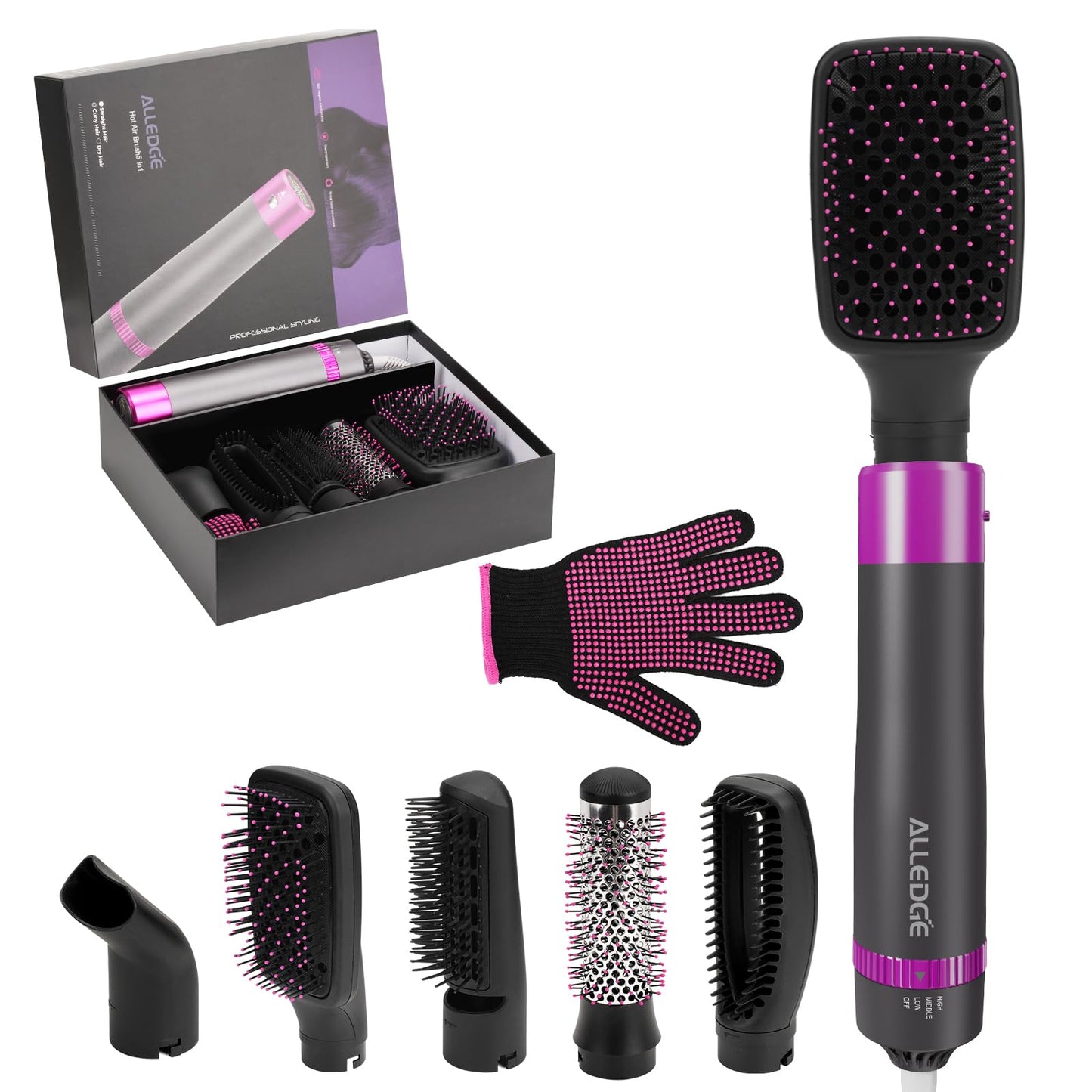 5 in 1 Hair Styling Brush with Negative Ionic Hot Air - Interchangeable Head Volumizer Brush for Drying, Straightening, Curling and Styling Hair
