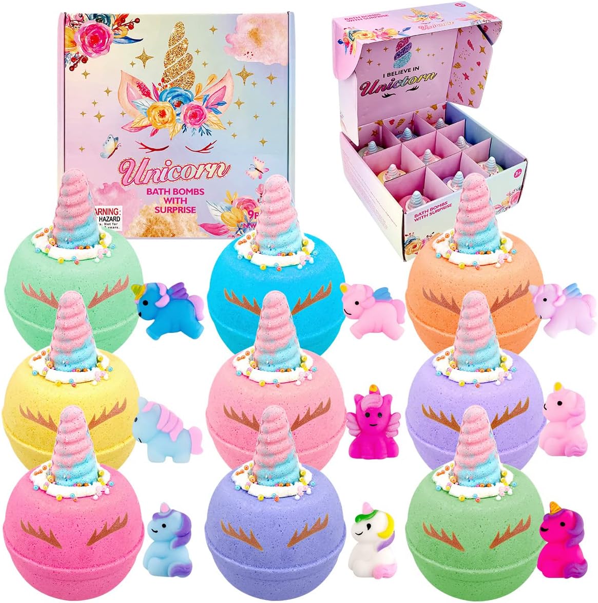 Unicorn Bath Bombs for Kids, 9 Large Organic Kids Bath Bombs with Squishy Toys Inside, Magic Unicorn Bath Bombs with Surprise Inside for GirlsÉ