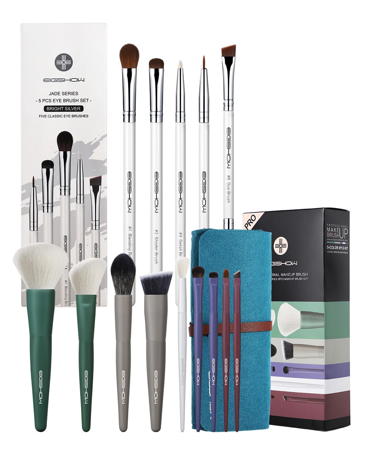 EIGSHOW 5pcs Basic Eye Makeup Brushes Set & 9pcs 5 Color Essential Kabuki Makeup Brush Set with Ultra-soft Synthetic Fibers for Powder Blush Concealers Contouring Highlighting