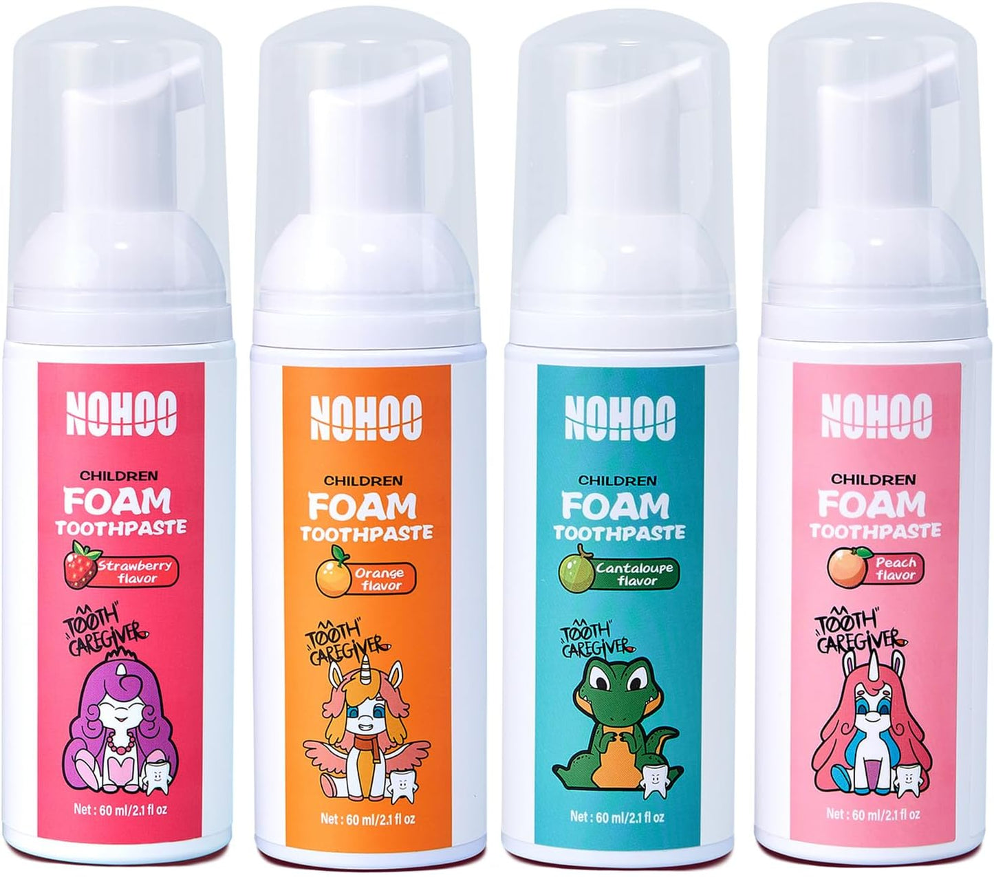 NOHOO Kids Foam Toothpaste with Fruit Flavor, Fluoride Free Natural Formul, Foam Toothpaste for Electric Toothbrush (Strawberry+Orange+Peach+Cantaloupe)