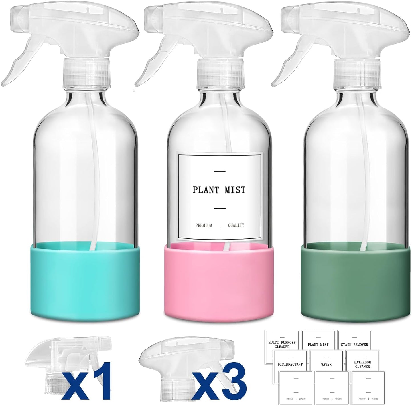 GMISUN Glass Spray Bottles for Cleaning Solutions, 16oz Reusable Spray Bottles for Cleaning, 3Pack Clear Empty Cleaning Bottles with Silicone Sleeve and Labels for Plants - 3pcs Upgraded Nozzles