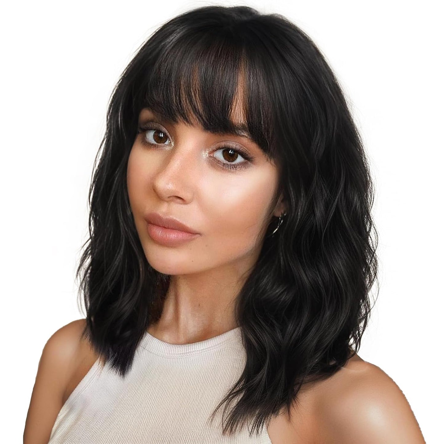 ENTRANCED STYLES Black Wigs with Bangs for Women 14 Inches Synthetic Curly Bob Wig for Girl Natural Looking Wavy Wigs