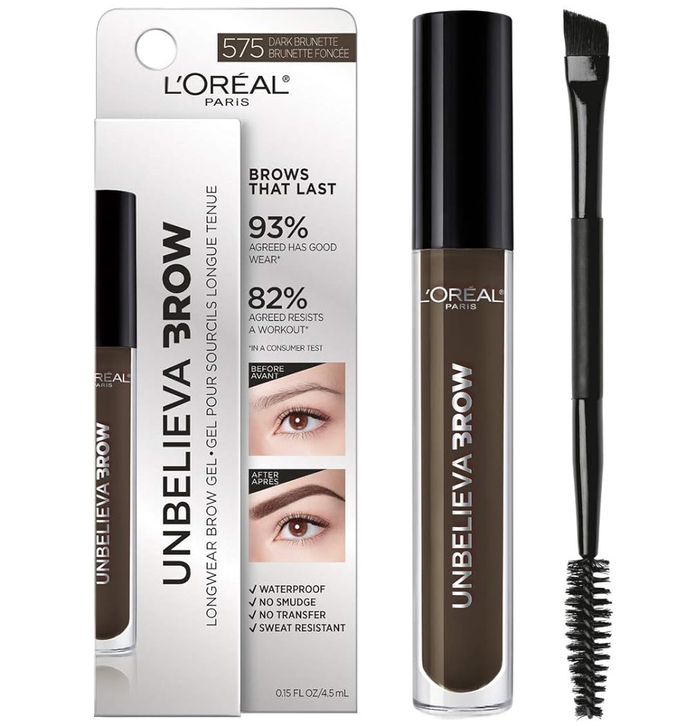 LÕOrŽal Paris Unbelieva-Brow Longwear Waterproof Tinted Brow Gel, Smudge-resistant, Transfer- Proof, Quick Drying, Easy and quick application with precise brush, Dark Brunette, 0.15 fl. oz.