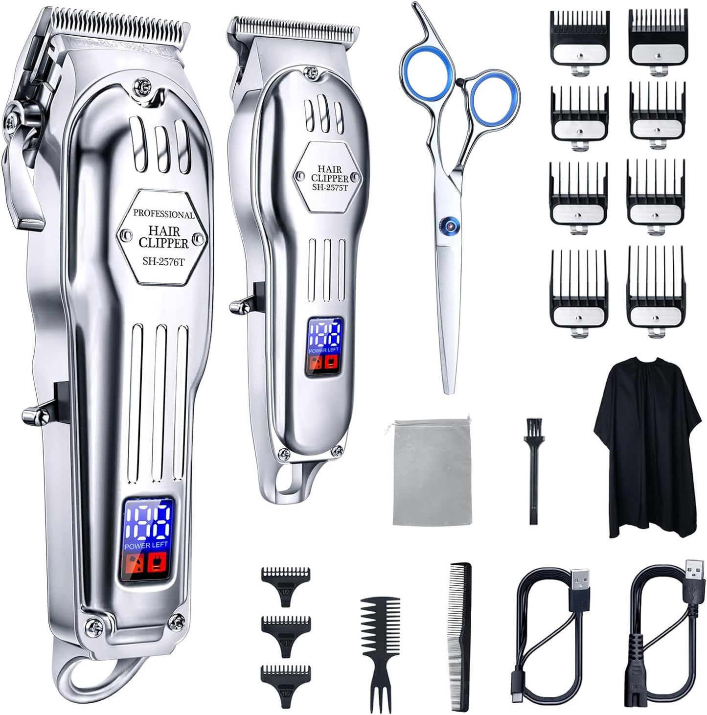 KIKIDO Hair Clippers Professional Cordless for Men, Barber Clippers for Hair Cutting Kit, Wireless LCD Display Hair Trimmers Set, Rechargeable Haircut Machine for Family (Sliver)