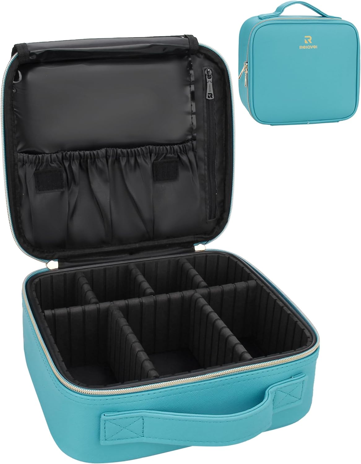 Relavel Travel Makeup Train Case Makeup Cosmetic Case Organizer Portable Artist Storage Bag with Adjustable Dividers for Cosmetics Makeup Brushes Toiletry Jewelry Digital Accessories Teal