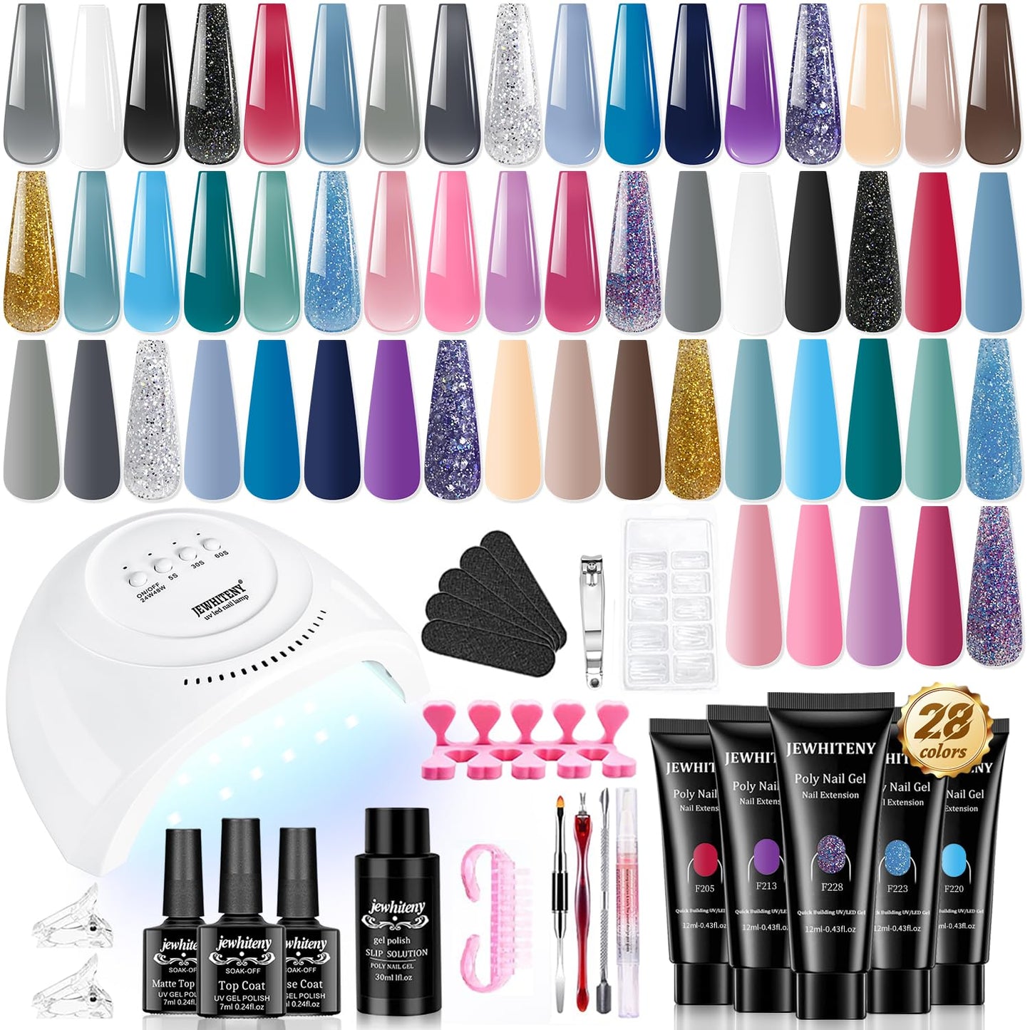 JEWHITENY 28 Colors Poly Nail Gel Kit Nude Pink pink Blue Yellow purple Glitter All In One Poly Extension Gel Starter Kit Poly Nail Gel Kit With U V Light Base Top Coat Gift For Women