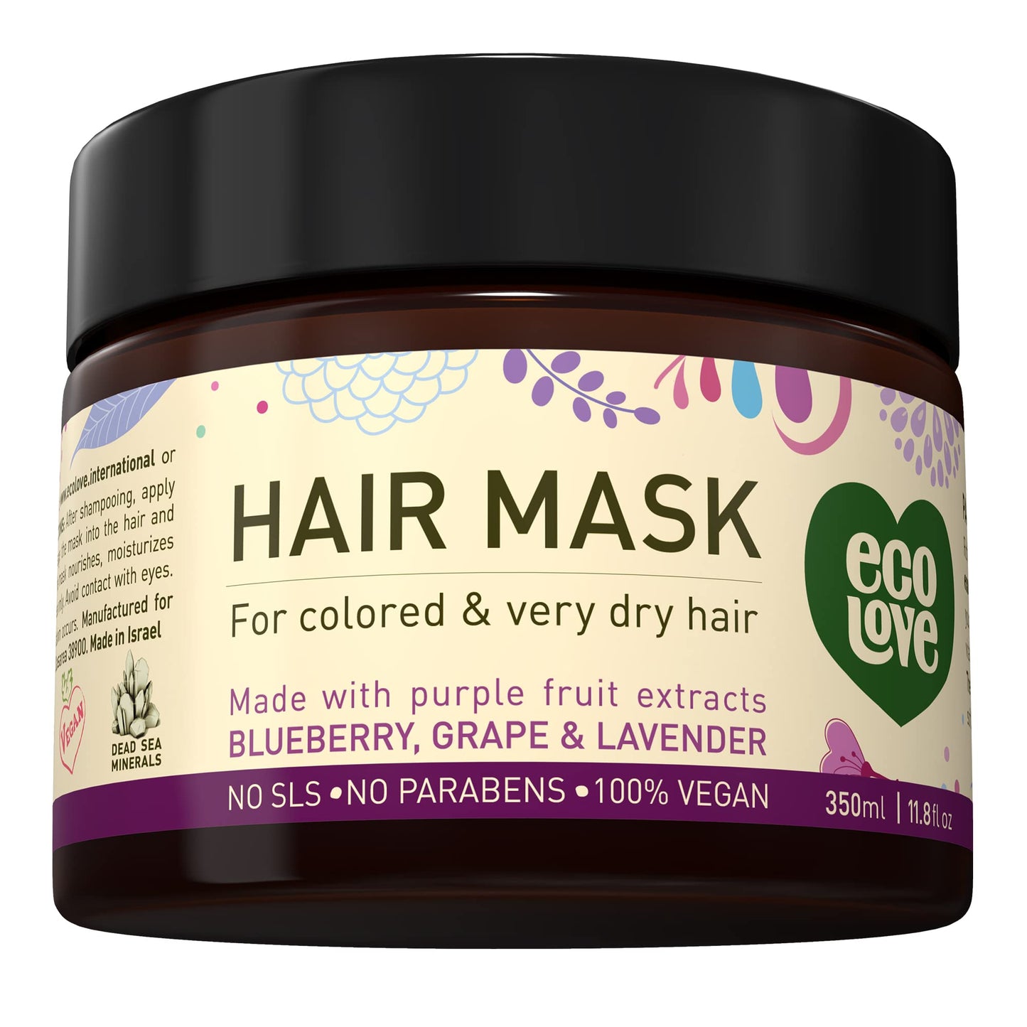 ecoLove Hair Mask for Dry Damaged Hair, Natural Hair Mask Deep Conditioning,Hair Mask for Color Treated Hair, No SLS or Parabens – with Natural Lavender Extract -Vegan and Cruelty-Free. 11.8 oz