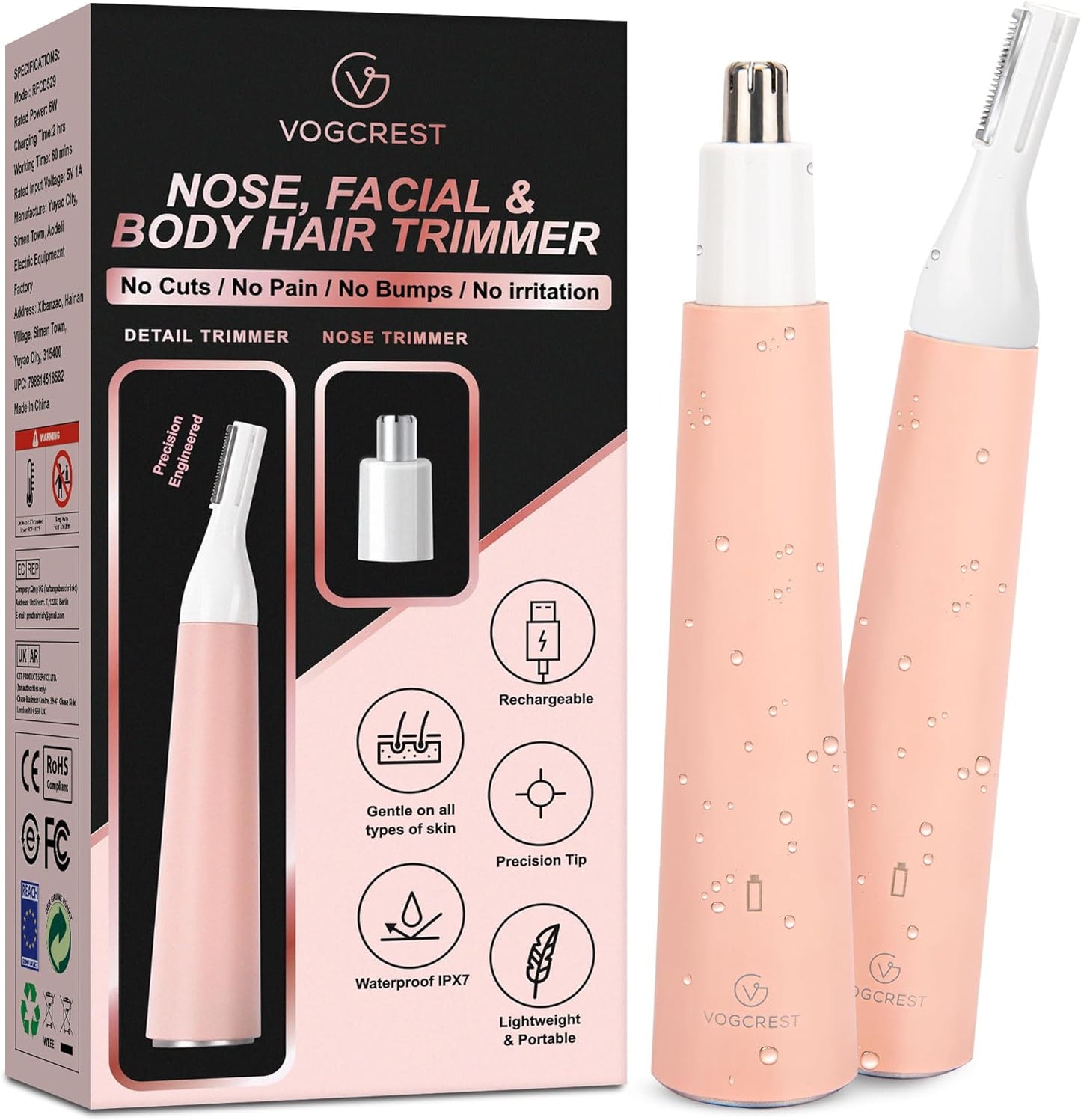 VG VOGCREST Nose Hair Trimmer for Women, Portable, Waterproof, Rechargeable, 2-in-1 Trimmer, Easy to Clean, Suitable for Sensitive Skin
