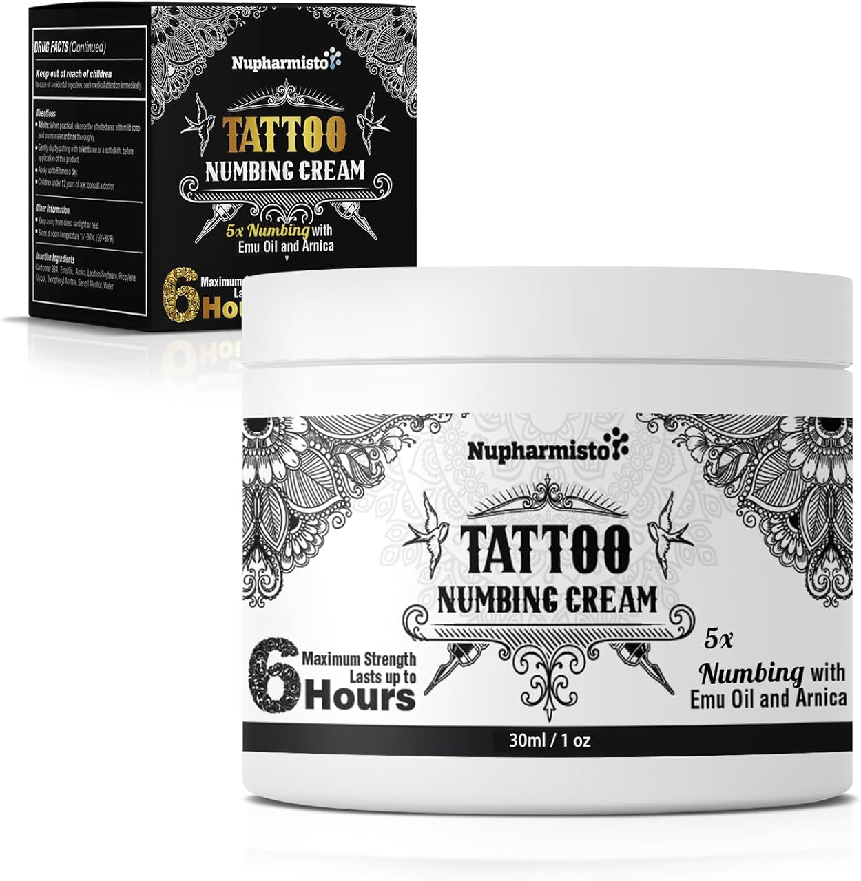 Nupharmisto Maximum Strength Numbing Cream Tattoo (30ml/1floz), 6 Hours Painless Tattoo Numbing Cream, Numbing Cream for Tattoos Extra Strength with 5X Numbing, Emu Oil and Arnica