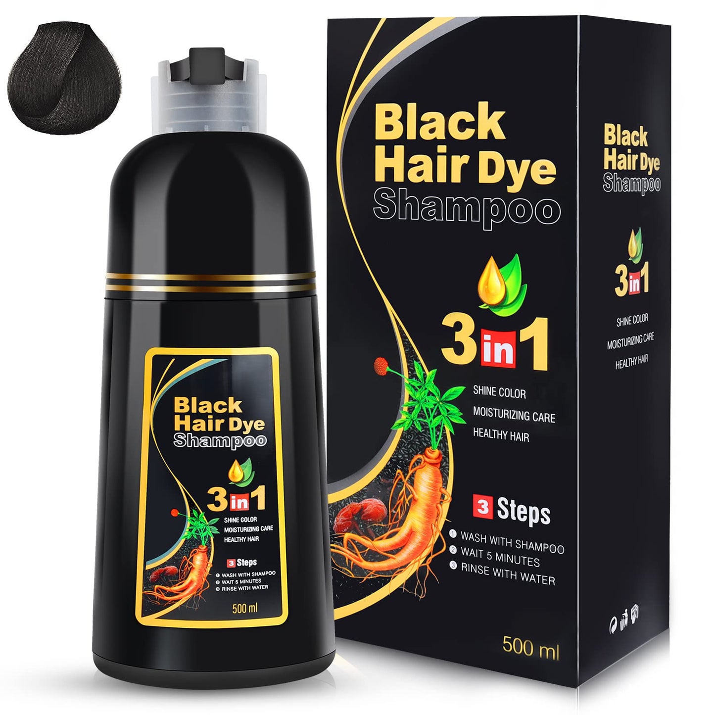 IIIMEIDU Black Hair Dye Shampoo 3 in 1 for Gray Hair, Herbal Ingredients Shampoo Black Hair Dye for Women Men, Grey Coverage Shampoo 500ml (Black)