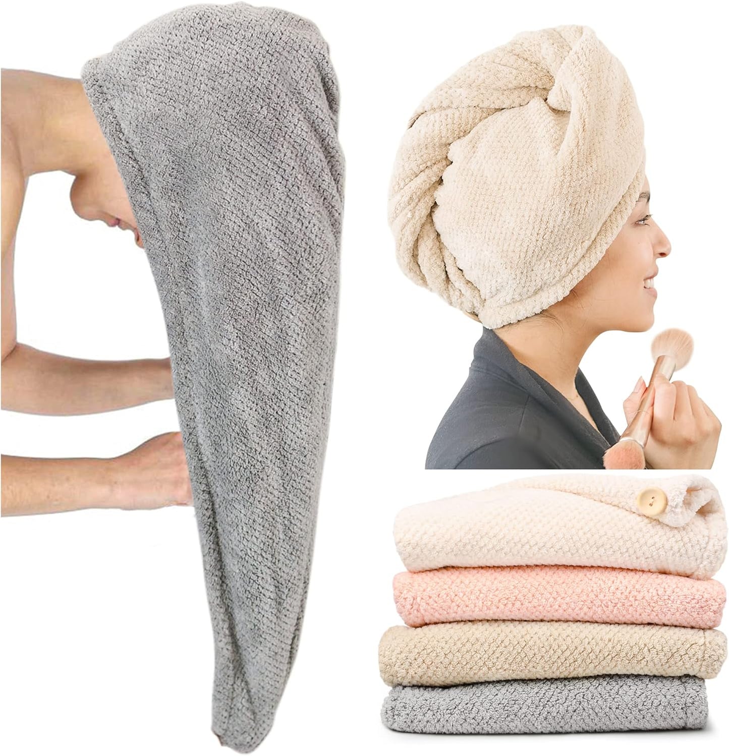 ROLSHOL Extra Large 4 Pack Microfiber Hair Towel Wrap for Women Super Absorbent & Quick Dry Hair Drying Towels with Button, Hair Turbans for Curly Hair Long & Short Hair - Anti-Frizz