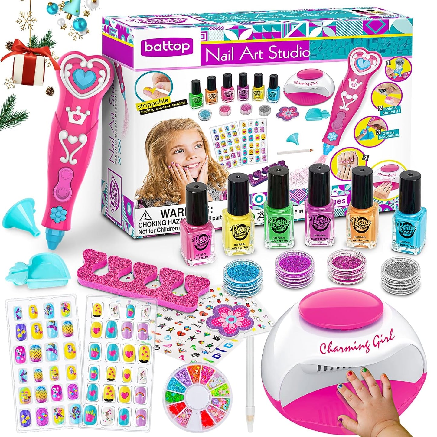 BATTOP Kids Nail Polish Set for Girls, Nail Art Kits with Nail Dryer & Glitter Pen, Quick Dry & Peel Off & Non-Toxic Nail Polish Birthday Gifts for Girls Ages
