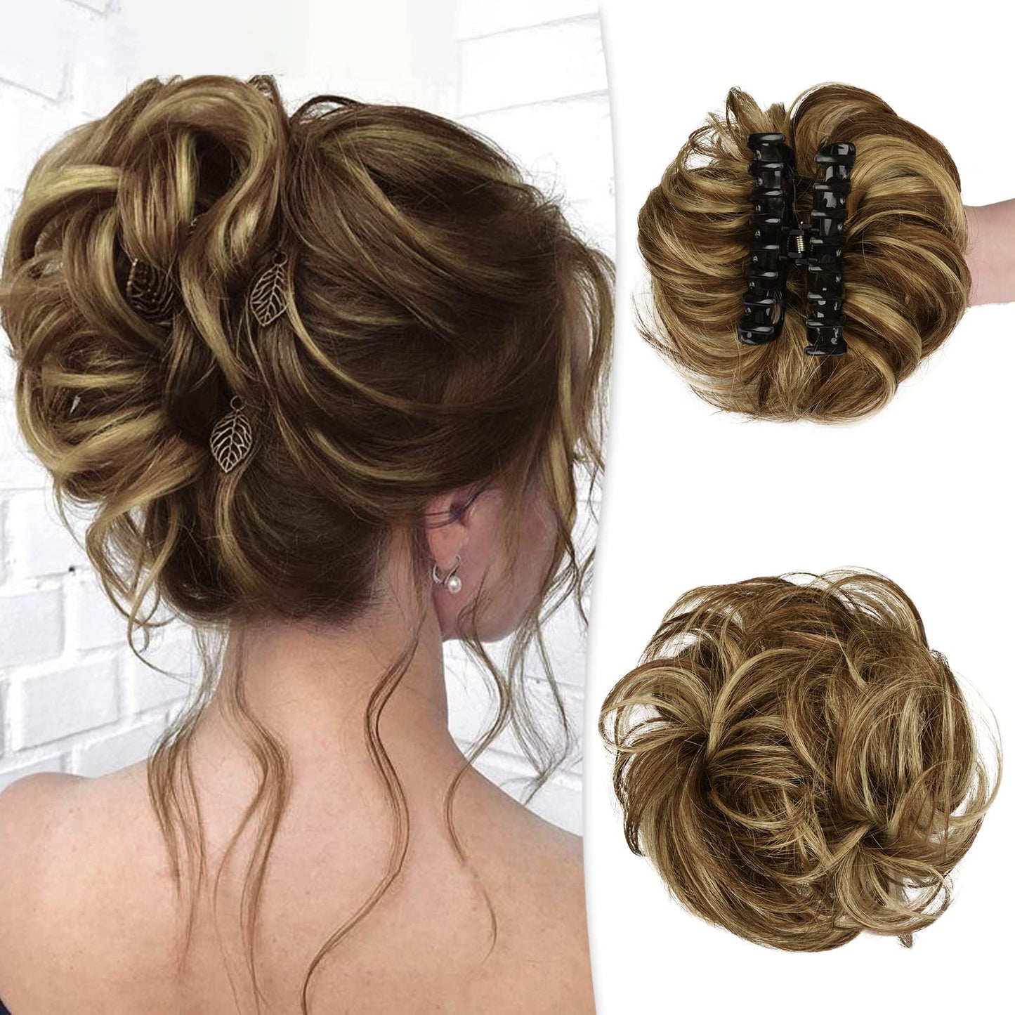 Claw Clip Messy Bun Hair Piece Real Human Hair Buns Wavy Curly Chignon Hair Bun Extensions Tousled Updo Hair Buns Claw Clip Ponytail Hairpieces with Clip for Women(Brown with Blonde Highlights 3)