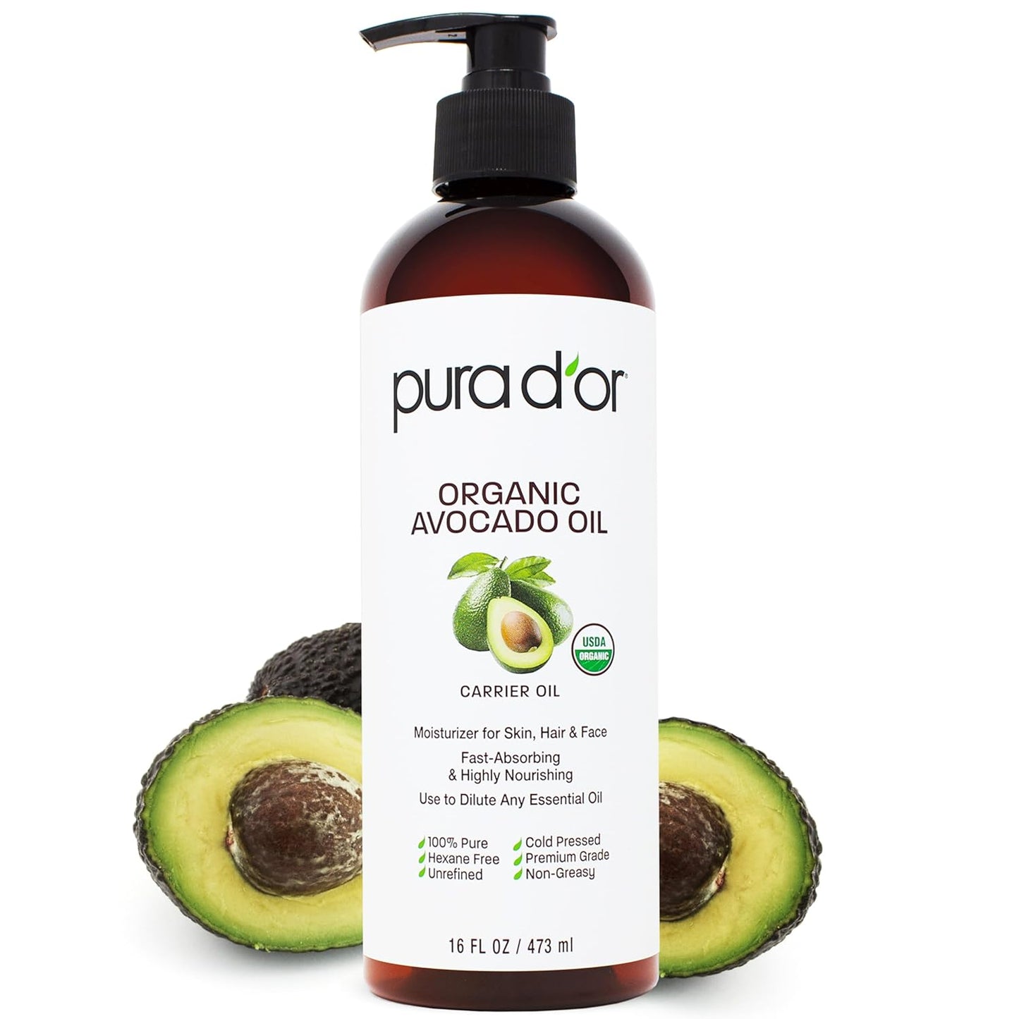 PURA D'OR 16 Oz ORGANIC Avocado Oil - 100% Pure & Natural USDA Certified Cold Pressed Carrier Oil For DIY Beauty, Non-Greasy, Unscented, Hexane Free Liquid Moisturizer - Face Skin & Hair - Men & Women