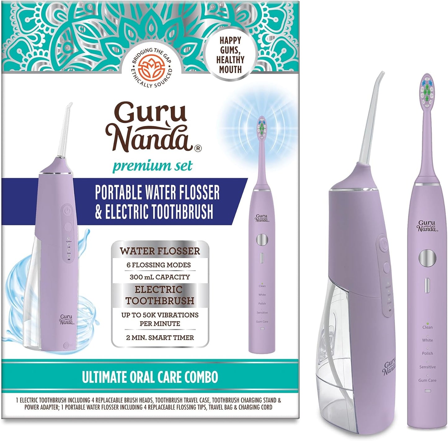 GuruNanda Lion & Lamb Kit - IPX8 Waterproof Portable Water Flosser (300ml) & 5000 mAH Power Rechargeable Sonic Toothbrush with 4 Jet Tips, 4 Brush Heads & Travel Case - for Whiter Teeth (Lavender)