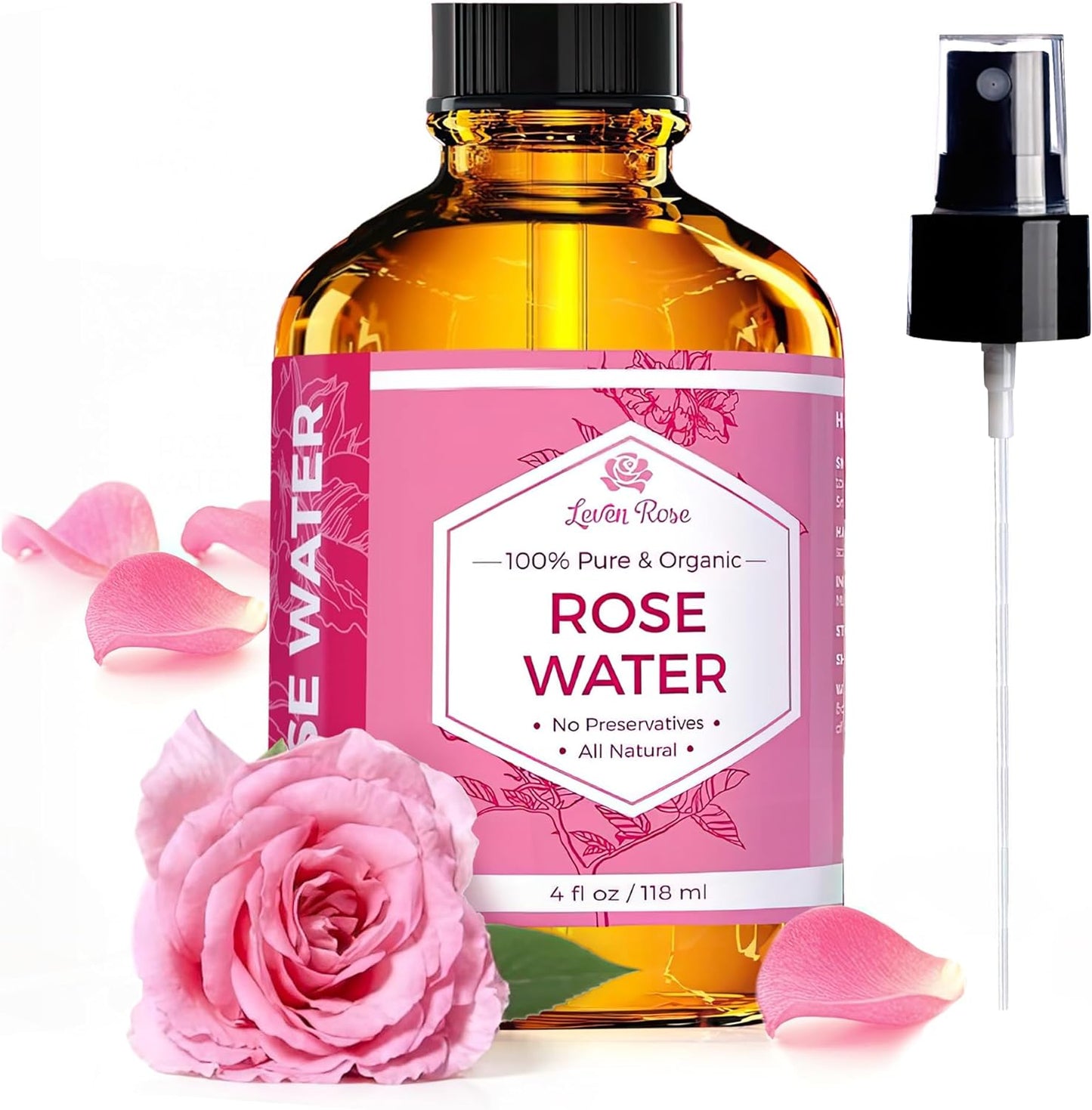 Rose Water Spray for Face by Leven Rose - Pure Natural Moroccan Rosewater Hydrosol Face Spray - Rose Water for Hair 4 oz