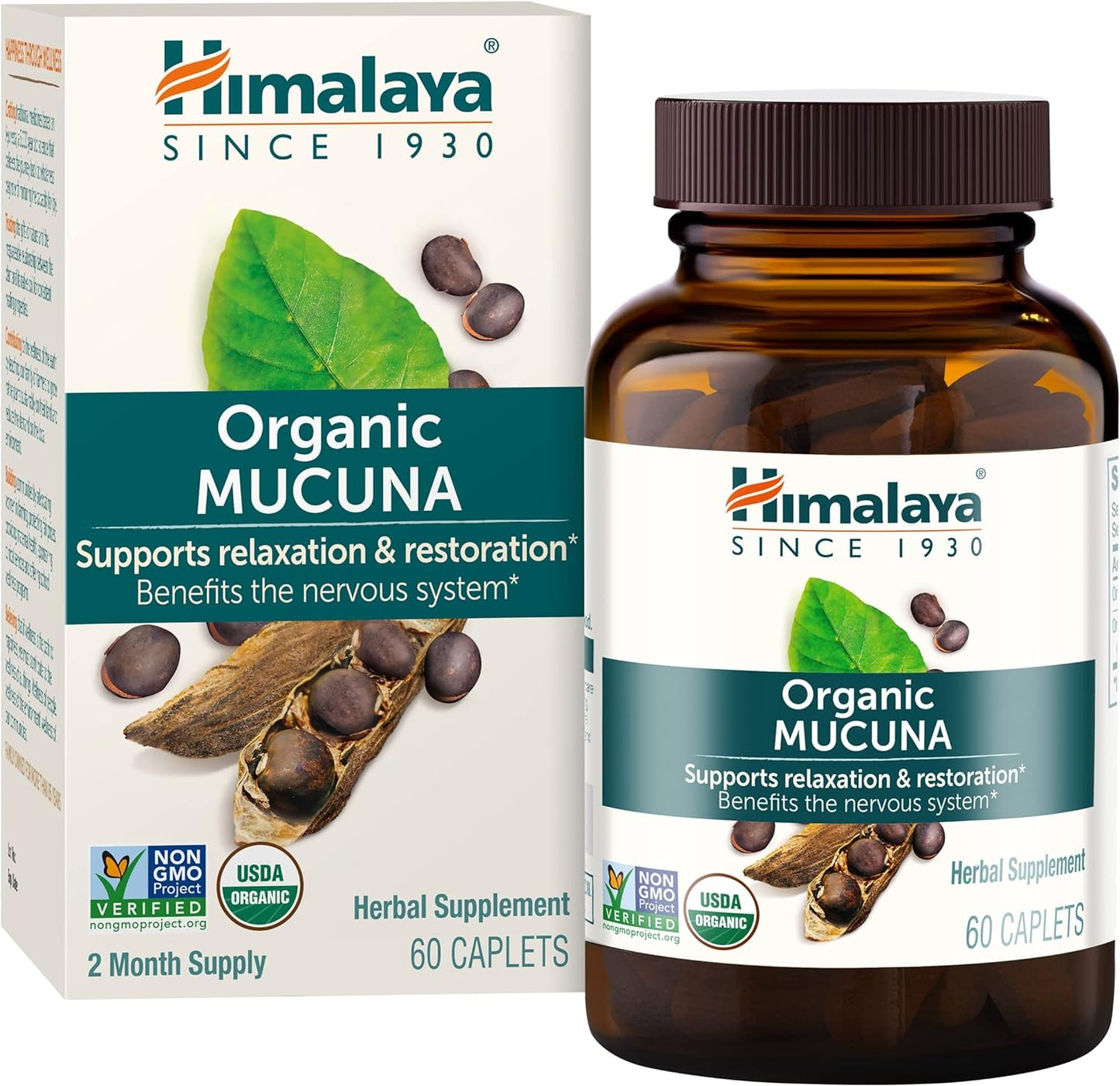 Himalaya Organic Mucuna/Pruriens Herbal Supplement, Supports Relaxation, Tension Relief, Brain Function, Non-GMO, USDA Organic, Vegan, Gluten Free, 600 mg, 60 Plant-Caplets, 60 Day Supply