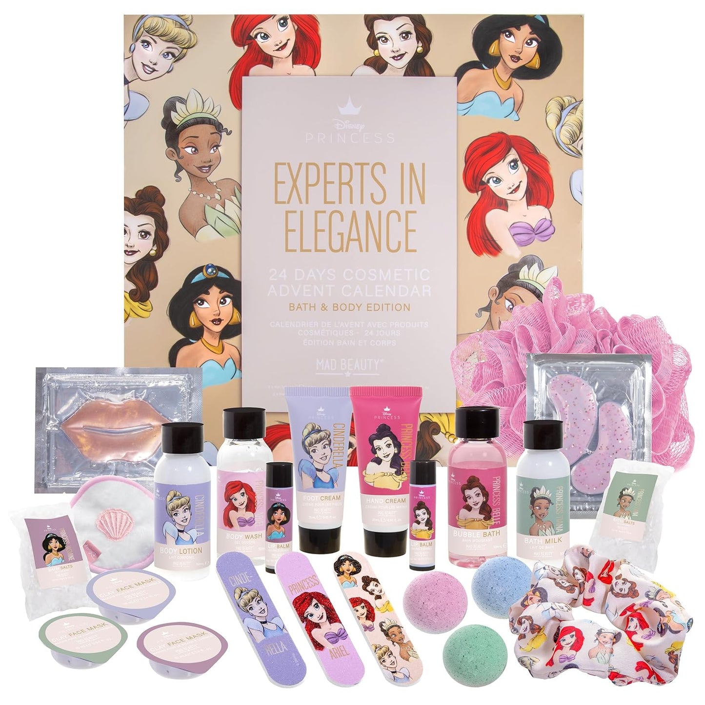 MAD BEAUTY Pure Princess 24 Day Advent, 24 Days of Delightful Self Care and Bath Goodies for Healthy Skin Glow, Relaxing and Hydrating, Great Gift for Disney Princess Fans