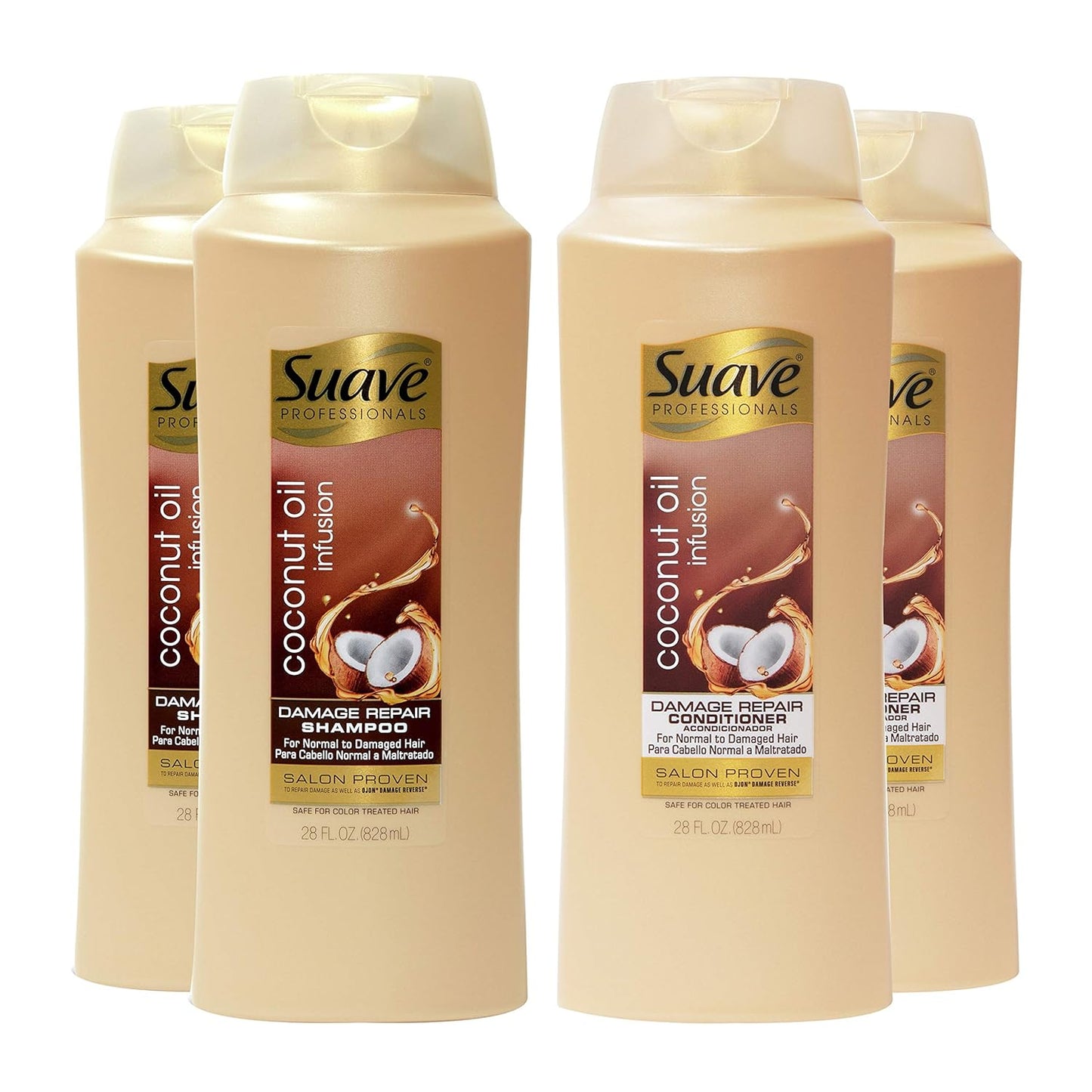 Suave Professionals Damage Repair Shampoo + Conditioner Coconut Oil, 28 Fl Oz (Pack of 4)
