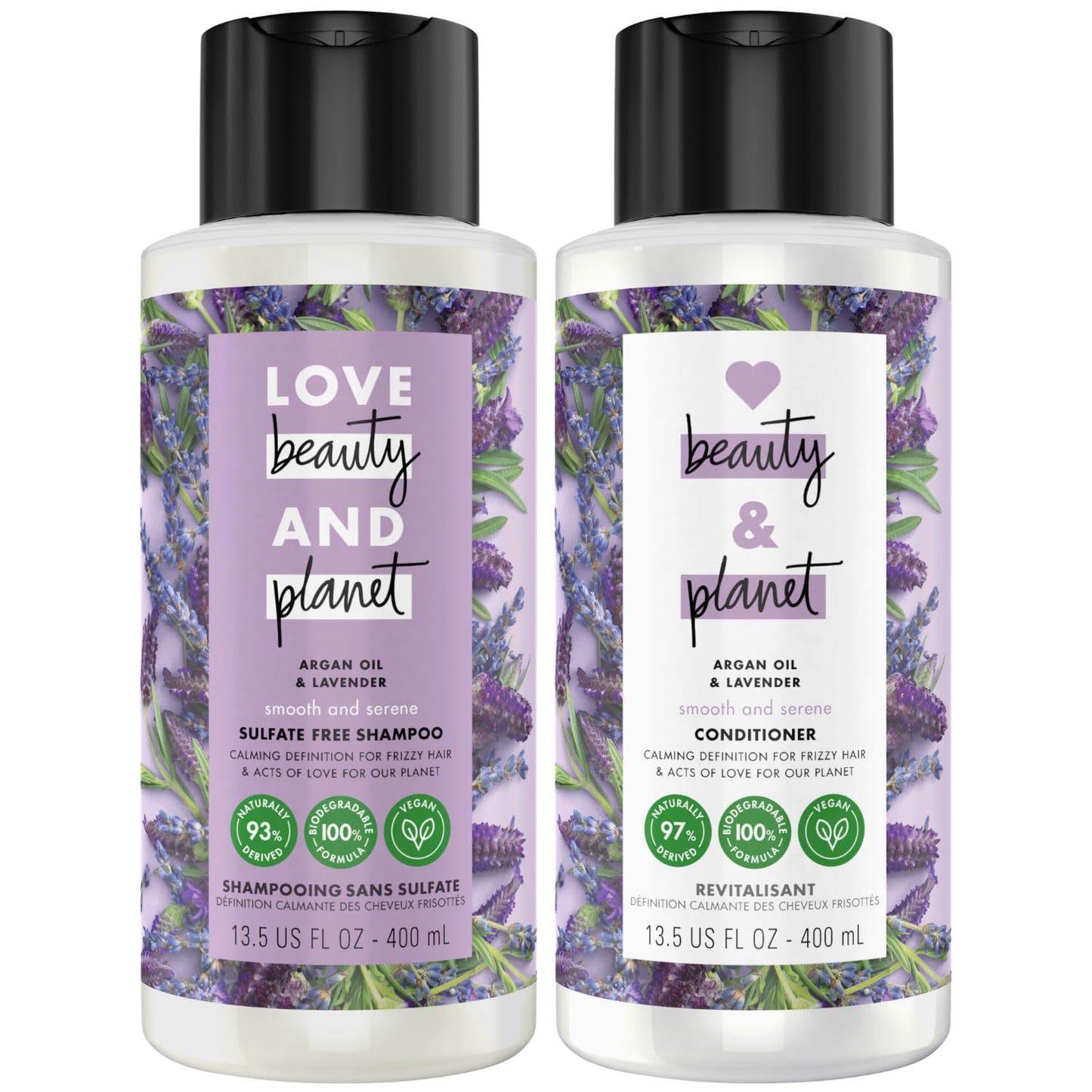 Love Beauty Planet Shampoo and Conditioner, Argan Oil & Lavender, Smooth & Serene - Sulfate-Free Shampoo & Conditioner, Frizz Control, Hair Smoothing, Scented, 13.5 Oz (2 Piece Set)